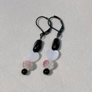 Handmade Black & White Heart Lever Back Earrings Hematite Finish Rose Beads